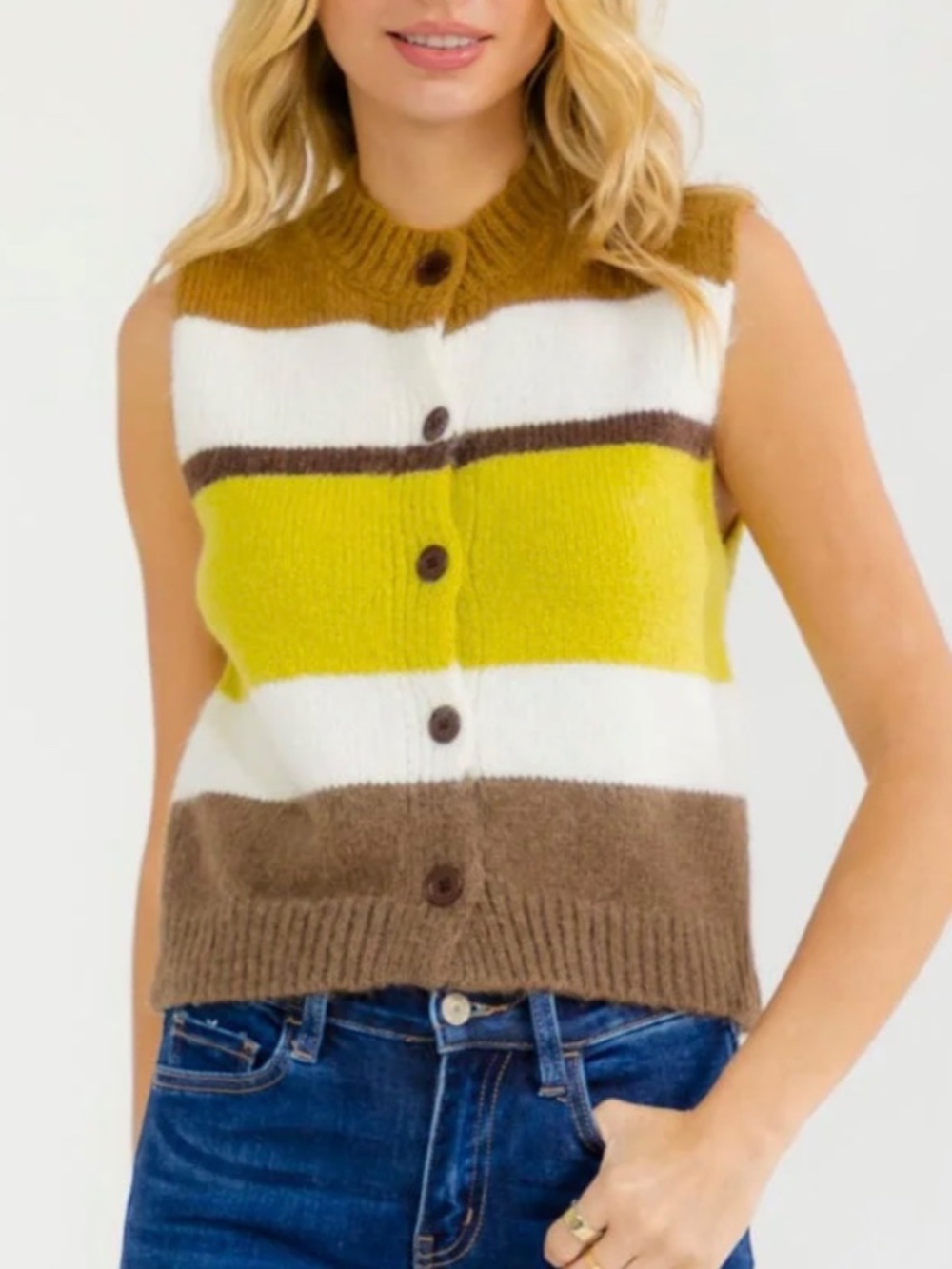 SLEEVELESS BUTTON UP COLOR BLOCK STRIPES SWEATER VEST TOP SIZE LARGE - NWT - Picture 3 of 15